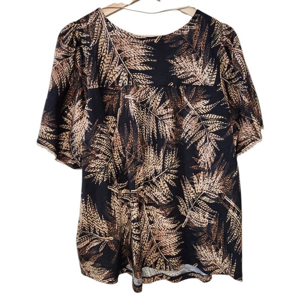 Democracy 2X Top Flounce Sleeve Knit Palm Print Smocked Yoke Black Tan NWT - Picture 3 of 5